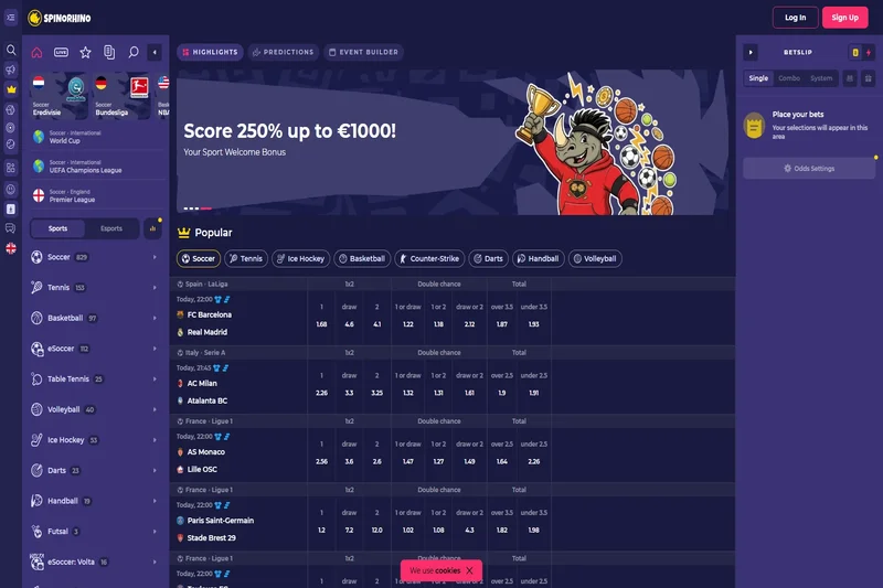 Spinorhino scommesse sportive interfaccia